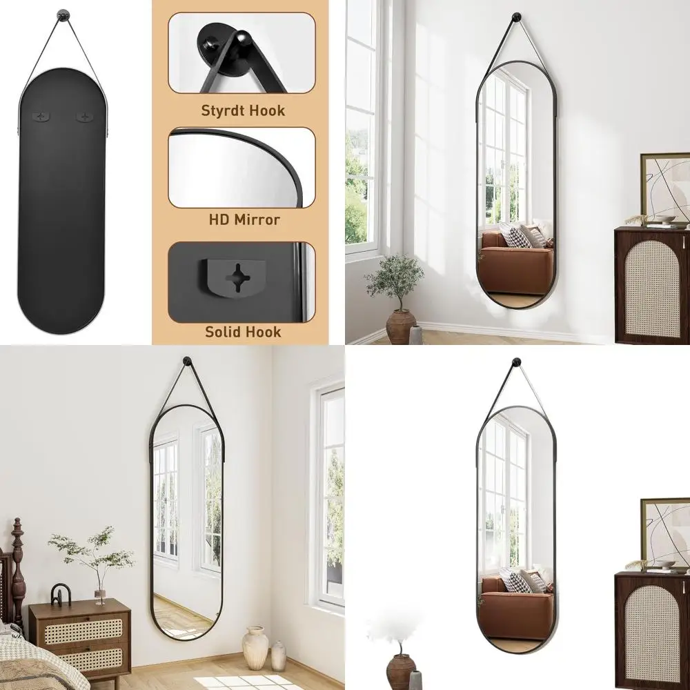 

Элегантное овальное настенное зеркало 48x16 с кожаным ремешком для подвешивания, для прихожей или ванной комнаты (черное)