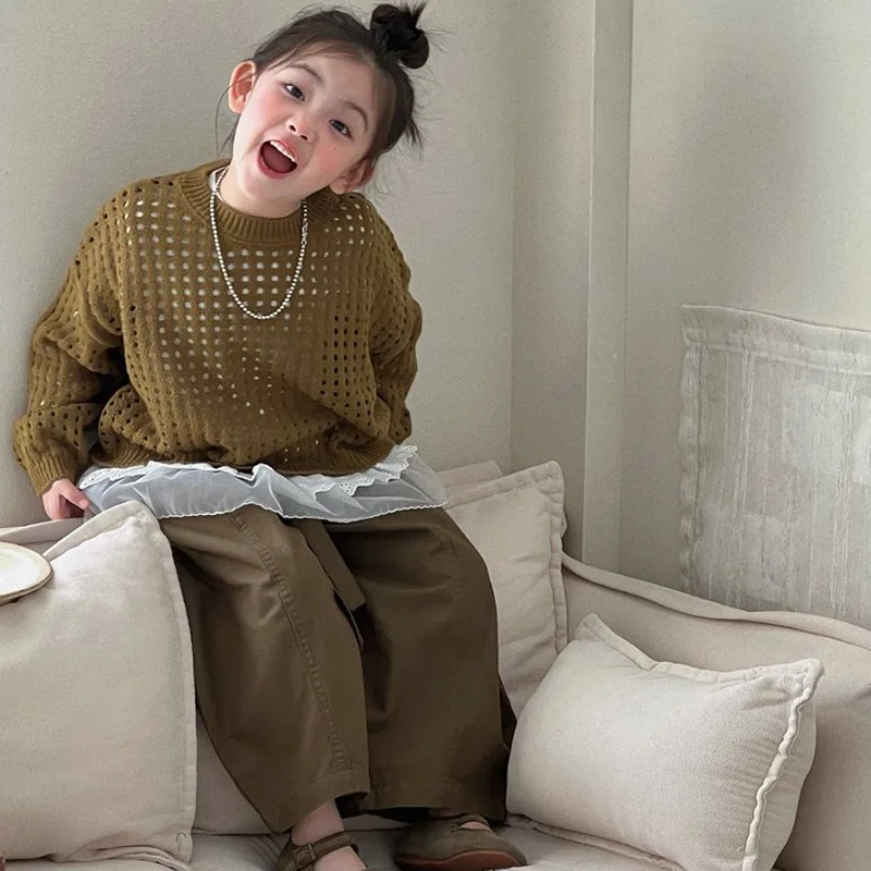 Girls' 2026 Spring and Autumn New Hollow Knitted Sweater Top Lace Bottom Long Sleeve Top Casual Pants Three-piece Set