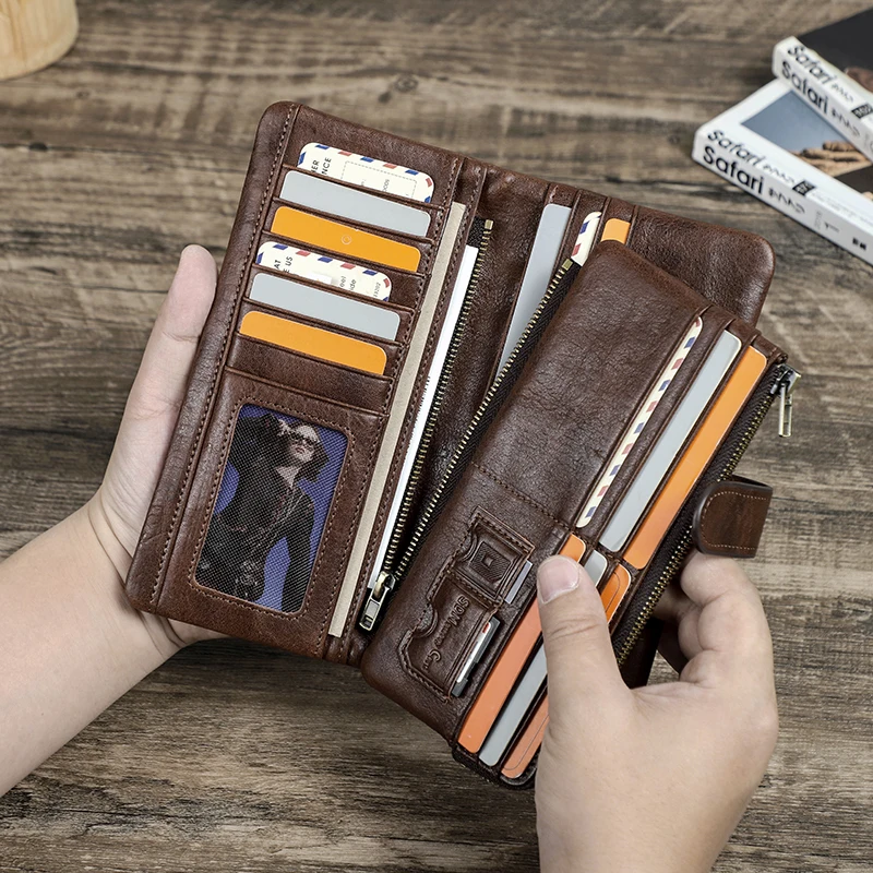 Contact's Genuine Leather Men Long Wallet RFID Zipper Clutch Wallet with Phone Pocket Male Card Holder Purse Hasp Handbag