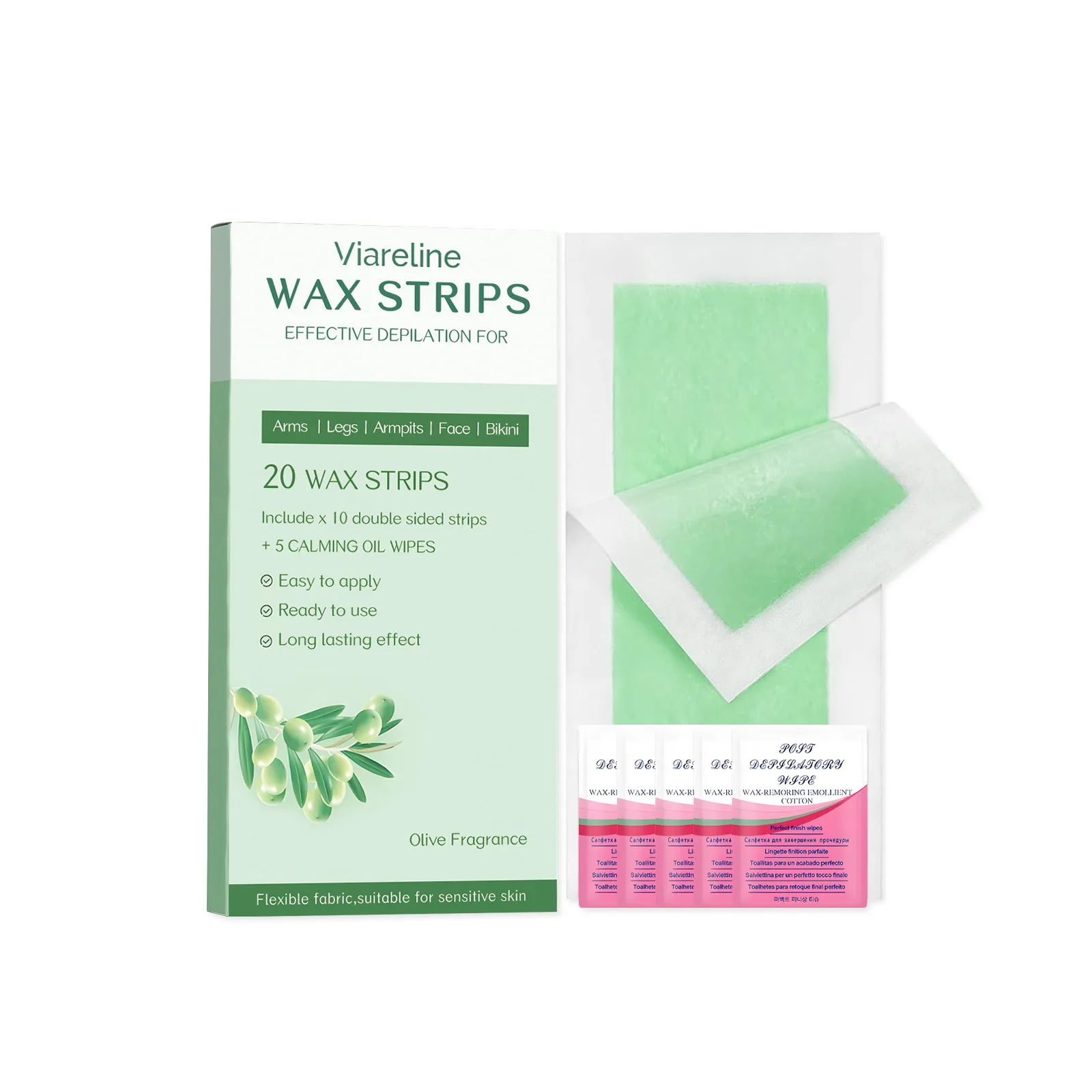 Facial and body hair removal wax strips, gentle and root pulling, removal of fine hair, body cleansing patches