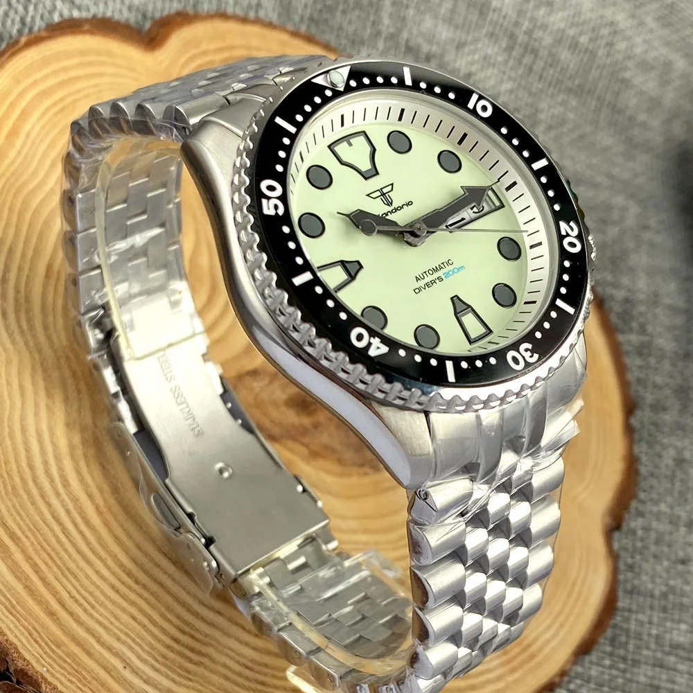 SKX Mod-Reloj de pulsera automático Tandorio S NH36, reloj de buceo, calendario blanco, fecha, marcadores negros, reloj impermeable, pulsera de acero