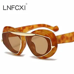 LNFCXI New Y2K Oversized Cat Eye Women Fashion  Sunglasses Retro Unique Lens Amber Shades UV400 Men Punk Sun Glasses