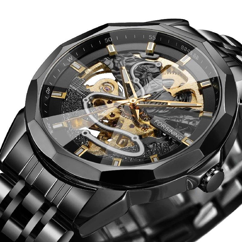 FORSINING Skeleton Automatic Mechanical Men Wrist Watches Diamond Cut Crystal Luxury Solid Stainless Steel Band Deployment Clasp
