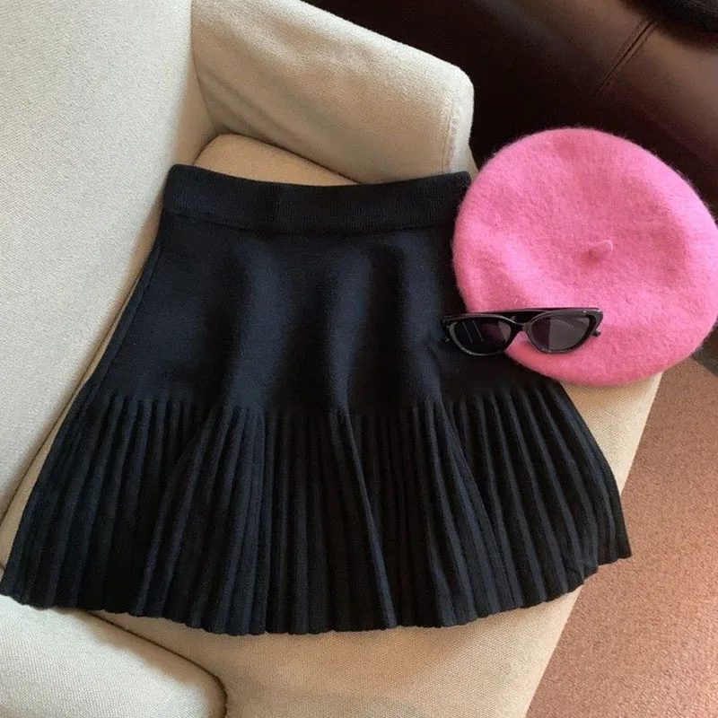 Lucyever Knitted Pleated Skirt Women Fall Winter High-waisted A-line Skirt Female Preppy Style All-match Patchwork Mini Skirts