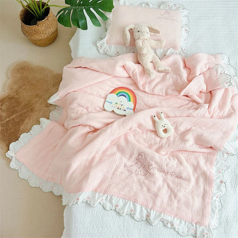 

120X150cm Muslin Cotton Baby Duvet with Lace Trim,Sweet Pink Girl's Comforter,Soft Fairy Princess Baby Blanket With Filler