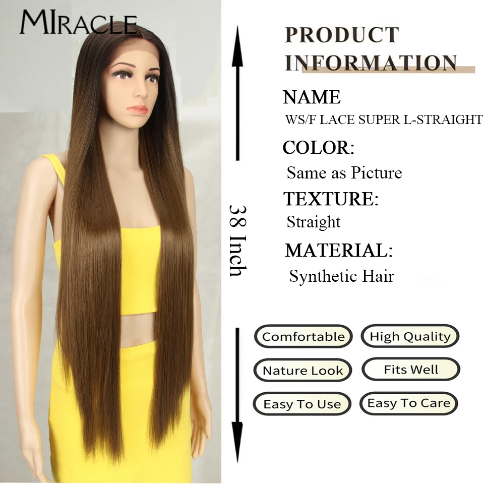 MIRACLE Synthetic Straight Lace Wig for Women Blonde Cosplay Wig Soft Long 38Inch Fiber Straight Fake Hair Heat Resistant