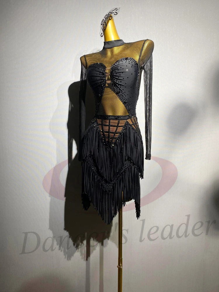 라틴 댄스 AB 스톤 여성 성인 어린이 고급 맞춤형 블랙 메쉬 스플라이싱 블랙 풀 삼바 공연 드레스