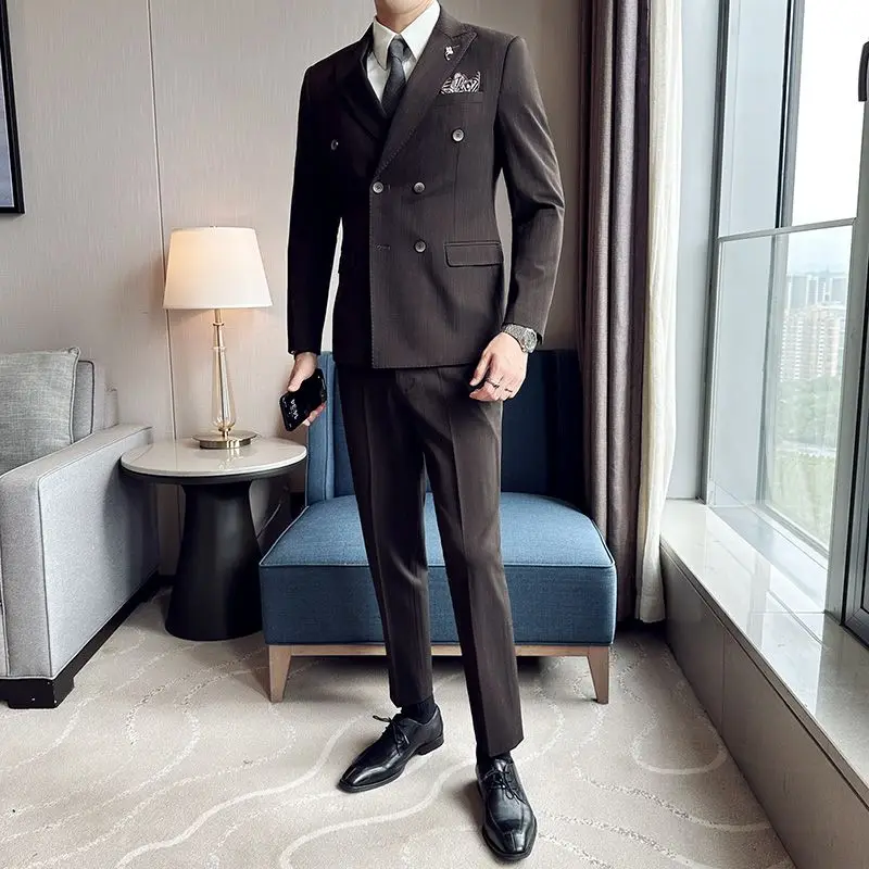 2-A96   Peaked lapel double-breasted striped suit for men groom wedding dress formaness slim casual suit