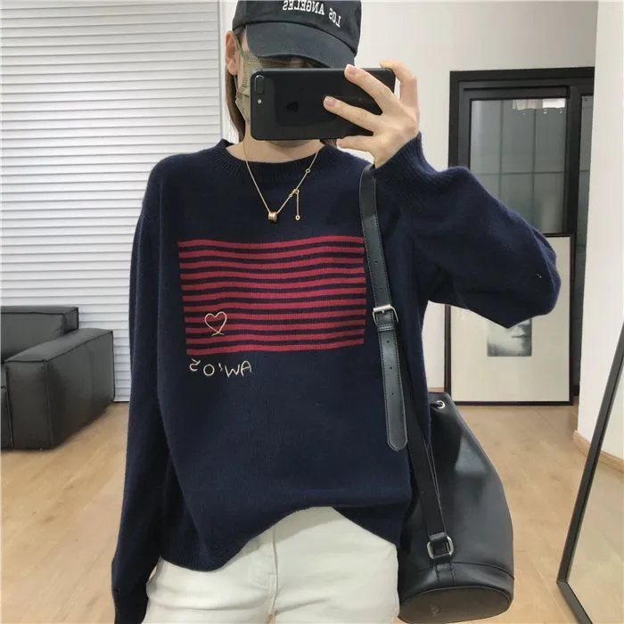 2022 new autumn and winter leisure 100% woolen sweater women\'s creative embroidery O-neck 100% woolen Pullover women\'s loose fas