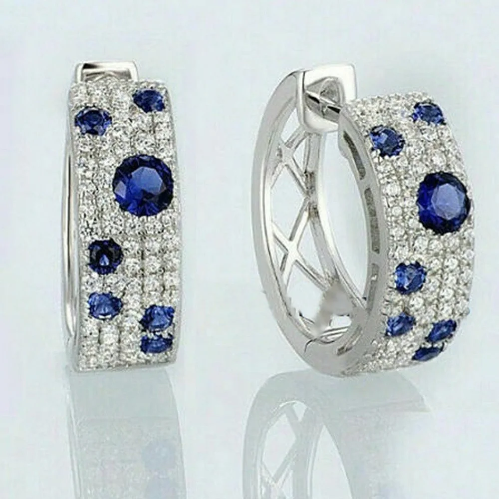 

Huitan Bling Paved Blue/White CZ Hoop Earrings Silver Color Ear Circle Earrings for Women Daily Wear Fashion Accessories Jewelry