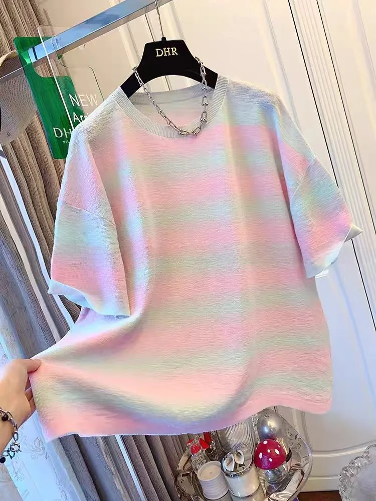 

plus Size Women's Striped Short Sleeve T-Shirt Summer New Style Slimming Belly Covering Versatile Top Breathable Korean Style