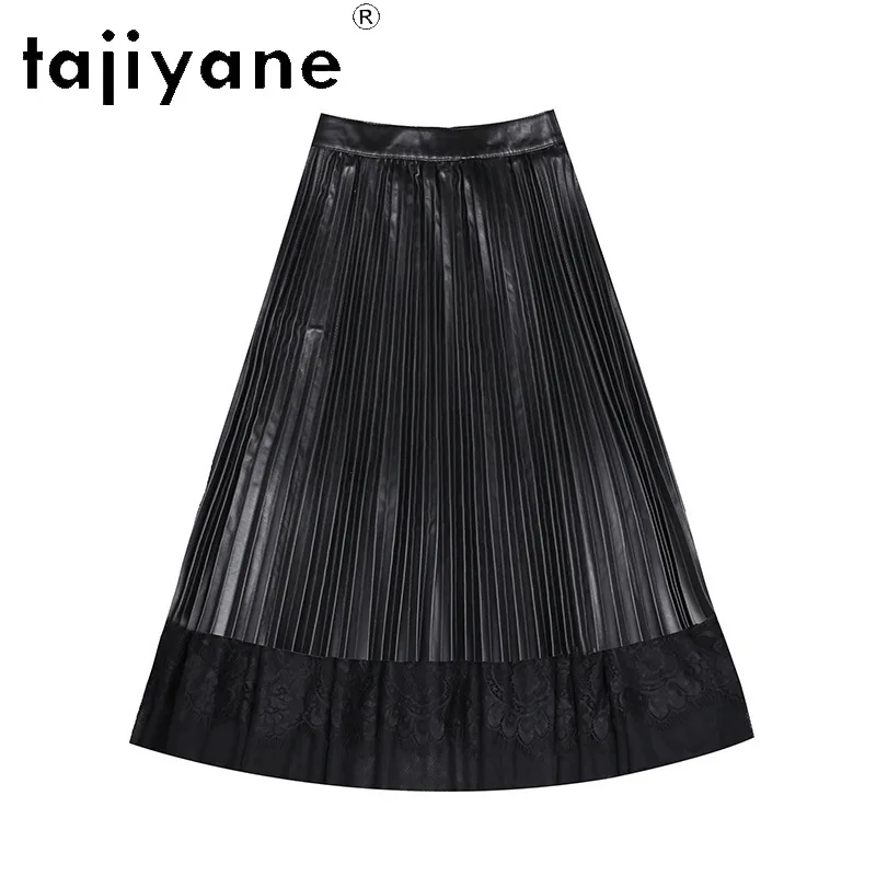 TAJIYANE 100% Top Layer Sheepskin Women's Skirts Genuine Leather Pleated Skirt Lace Splicing Skirts 2026 Woman Maxi Skirt Black