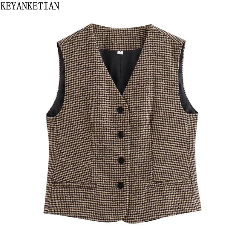 

KEYANKETIAN 2024 New Women's Houndstooth Woolen vest Autumn Retro style Single Breasted V-Neck Slim Short Camisole Waistcoat Top