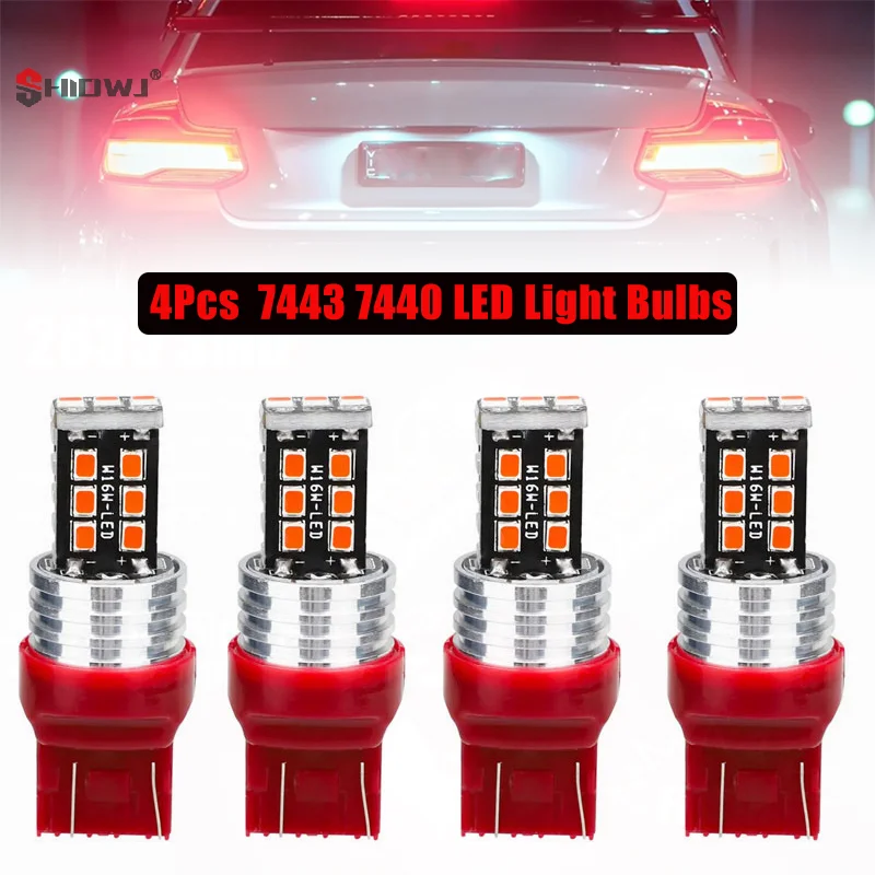 4Pcs 7443 7440 Red Flashing Strobe Blinking Rear Alert Safety Brake Tail Stop Light High Power LED Light Bulbs