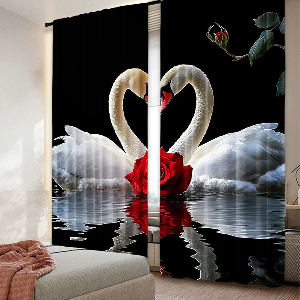 

2Pcs Red Rose Curtain White Swan Birds Romantic Flower Wild Animals Happy Valentine'S Day For Bedroom Living Room Dining Room
