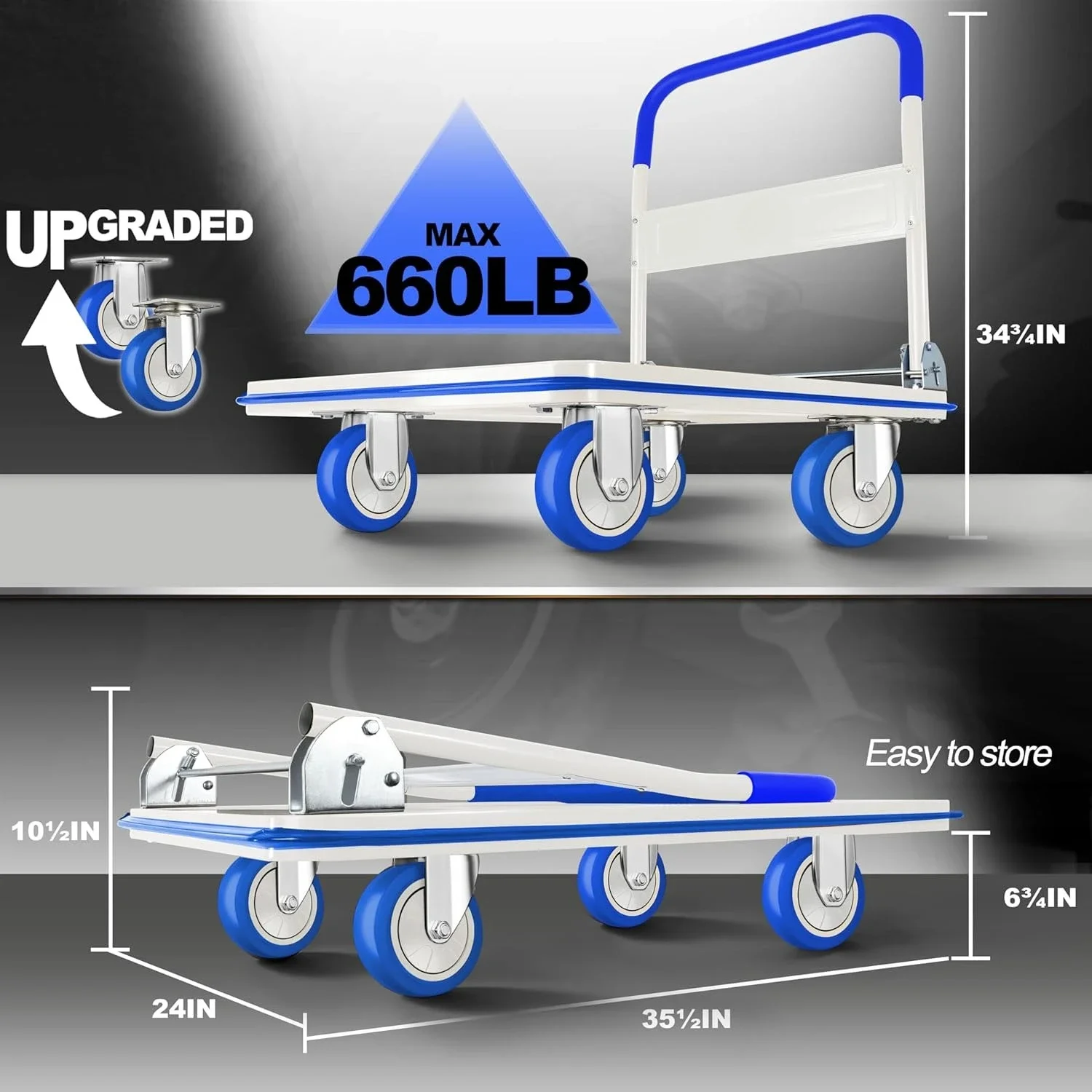 

Moving Platform Hand Truck, Foldable for Easy Storage and 360 Degree Swivel Wheels with 660lb Weight Capacity, Blue Color
