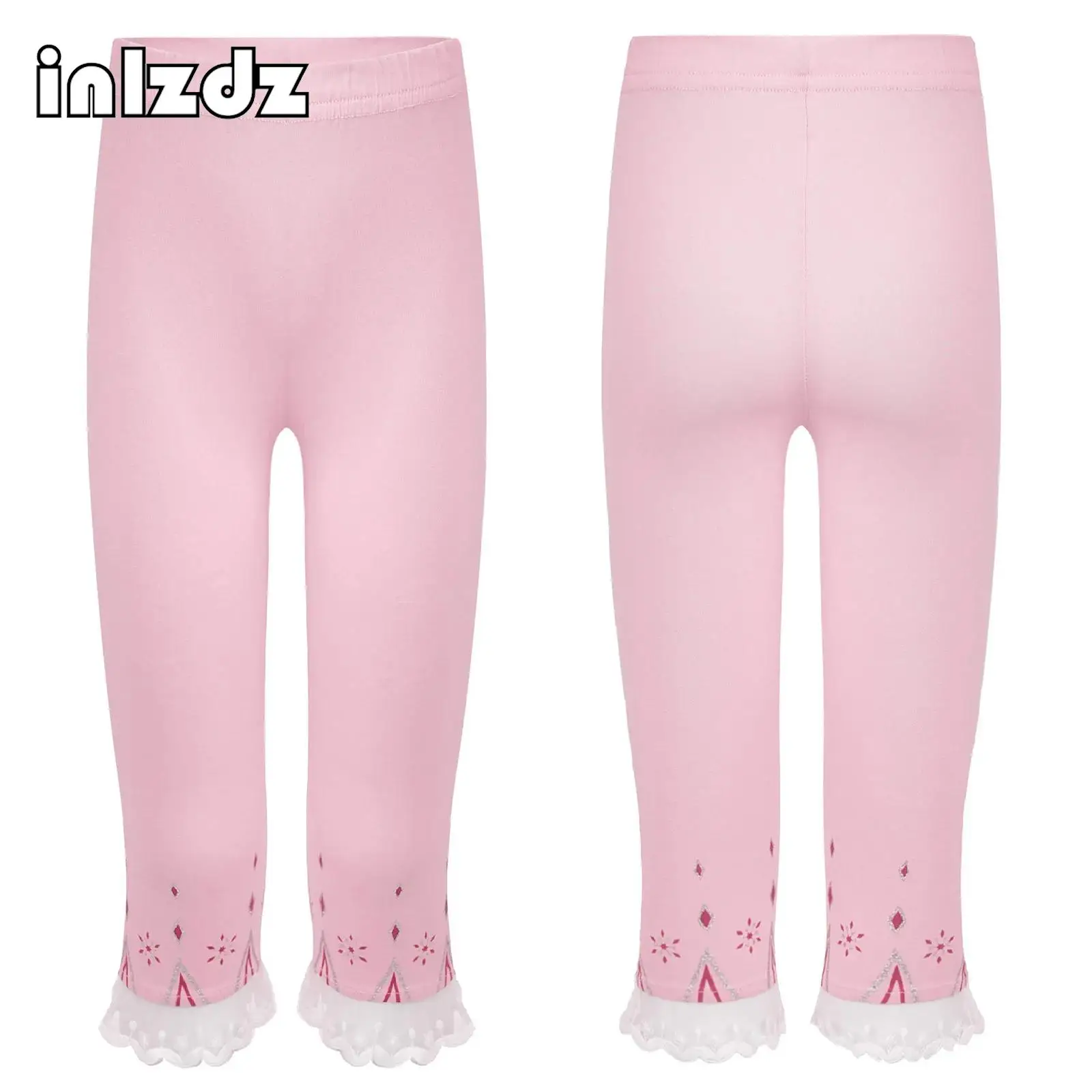 

Kids Girls Cute Lace Trim Printed Cropped Slim Mid-Calf Leggings Summer for Wedding Birthday Party Vacation Picnic Park Costume