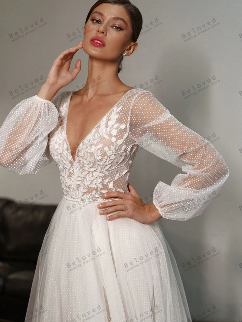 Splendidi abiti da sposa a-line Tulle abiti da sposa a strati Appliques di pizzo maniche lunghe a sbuffo Robes abiti glamour De Novia