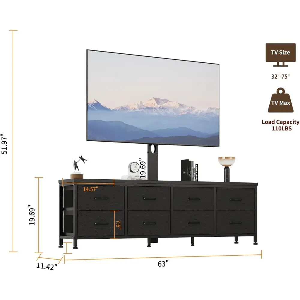 حامل تلفزيون خزانة مقاس 63 بوصة مع حامل، مركز ترفيه طويل من القماش مع 8 أدراج، طاولة وحدة تحكم الوسائط السوداء لـ Liv #3