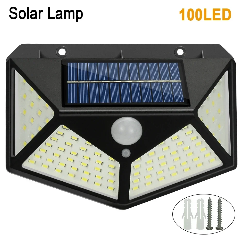 

100 LED Solar Wall Lamp 3 Modes All Sides Luminous Motion Sensor Human Induction Courtyard Waterproof Stairs Outdoor Wall Light