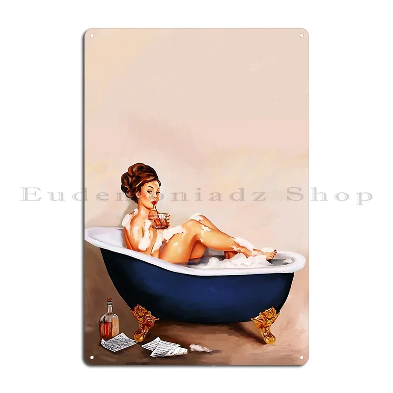 Bathtub Whiskey A Cute Vintage Brunette Pinup Girl Enjoys A Bath And Cocktail Metal Sign Wall Plaque Designs Cinema Plaques