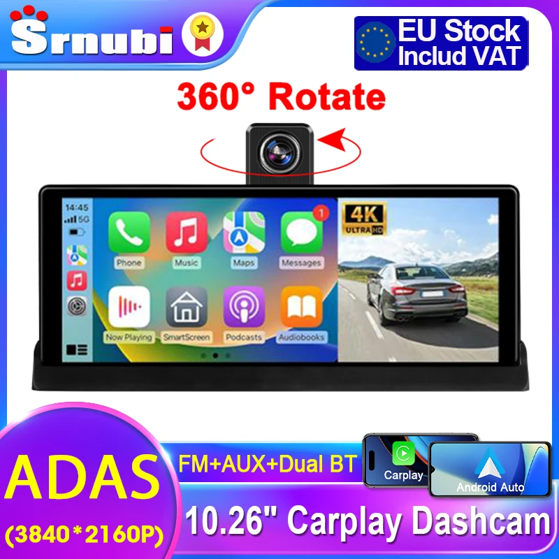 Srnubi 10,26'' 4K ADAS Dashcam Auto DVR Android Auto Carplay Bildschirm Automotive Intelligente System Video Recorder Monitor rückspiegel