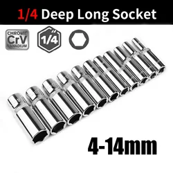 11pcs 1/4-Inch Drive 6-Point Deep Socket Set Metric Long Chrome Socket Set From 4mm to 14mm Professional Grad