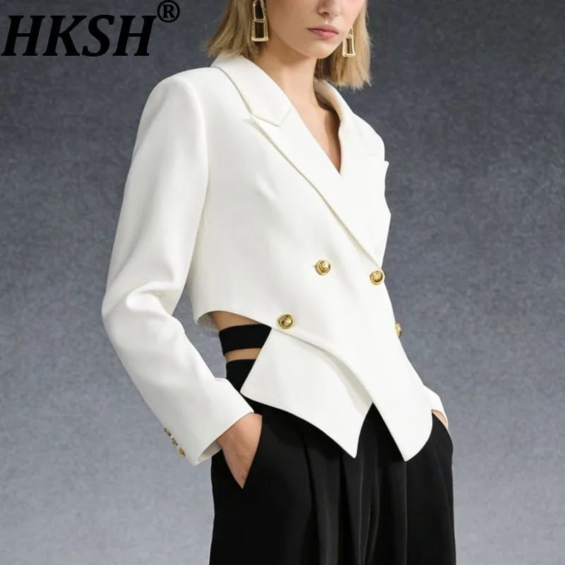 

HKSH Women Trend Blazer Notched Collar Double Breasted Slimming Elegant Niche Irregular Fashion Jacket New Spring Autumn HK20370