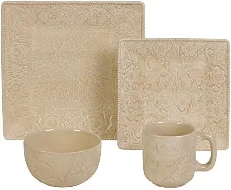 HiEnd Accents Savannah 16 Piece Ceramic Dinnerware Set with Plates Bowls Mugs Cream Tooled Leather Floral Pattern Modern Style