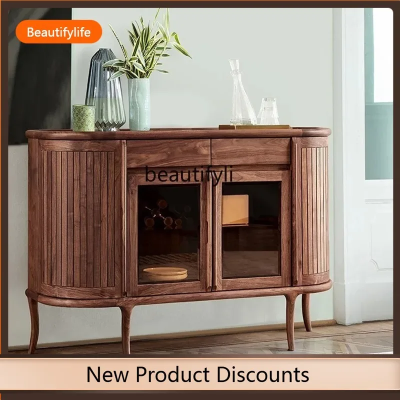 F109 Solid Wood Sideboard Vintage Style Simple Walnut Storage Cabinet Tea Cabinet Multifunctional Bowl Cabinet