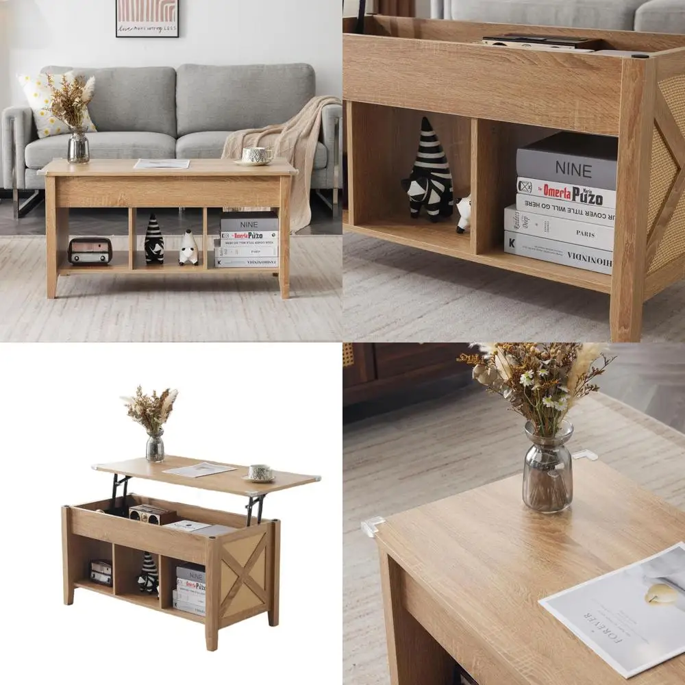 

Rustic Grey Storage Coffee Table with Hidden Compartment, 40 Natural Rattan Living Room Center Table