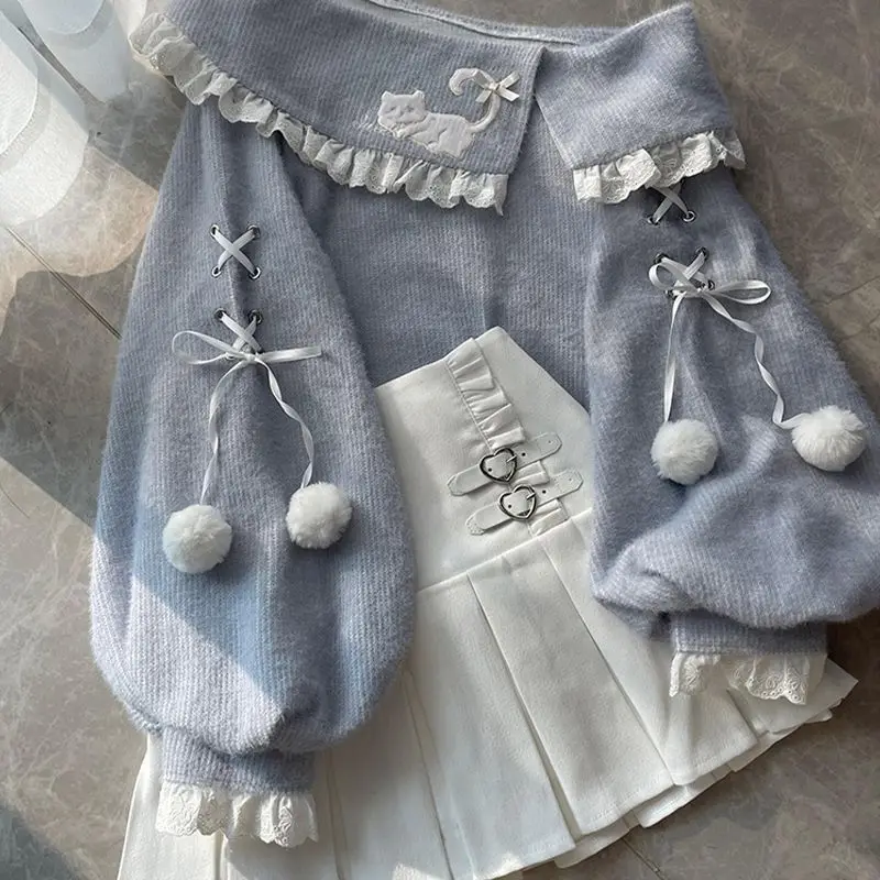 Japanese Vintage Sweet Knit Lovely 2 Piece Sets Women Cute Bow Design Y2k Pullovers + Pleated Skirt Korean Kawaii Fairy Outfits