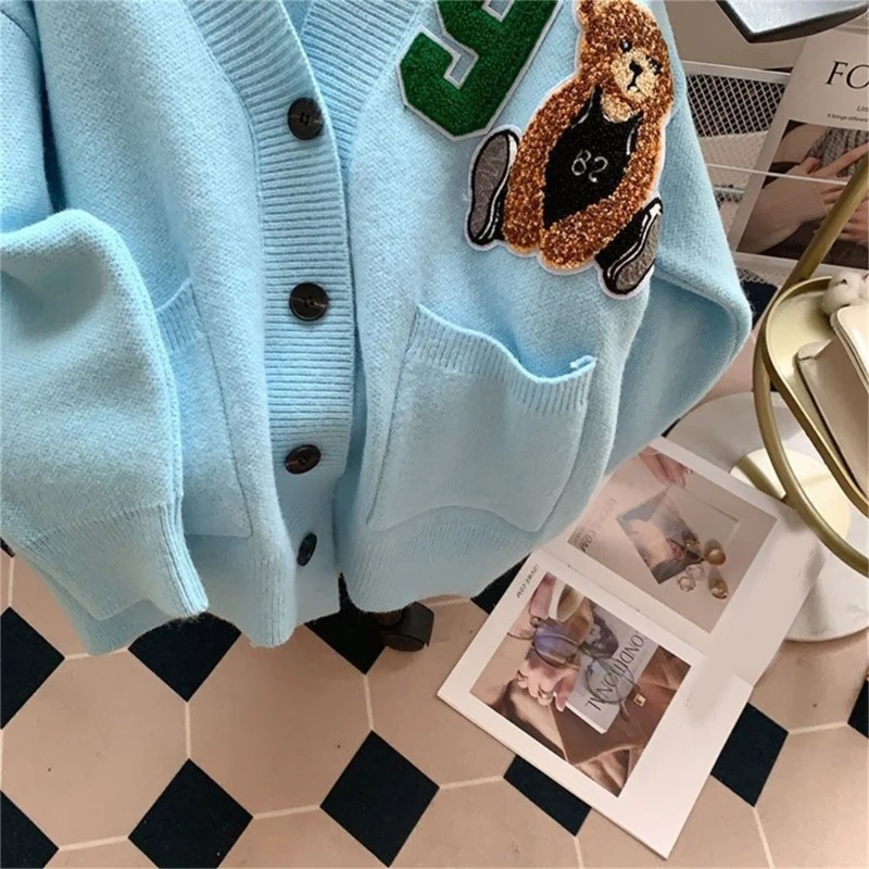 Button Down V-neck Cardigan Womens Casual Knitted Sweater Outwear Cartoon Coat Dropship