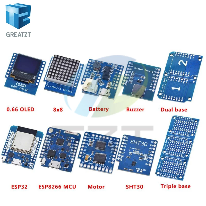 Esp8266 D1 Mini Pro Wifi Nodemcu Data Logger Shield Ds1307 Battery 0.66 Oled Dc Power Buzzer V1.0.0 Dual Base For Wemos Diy Kit