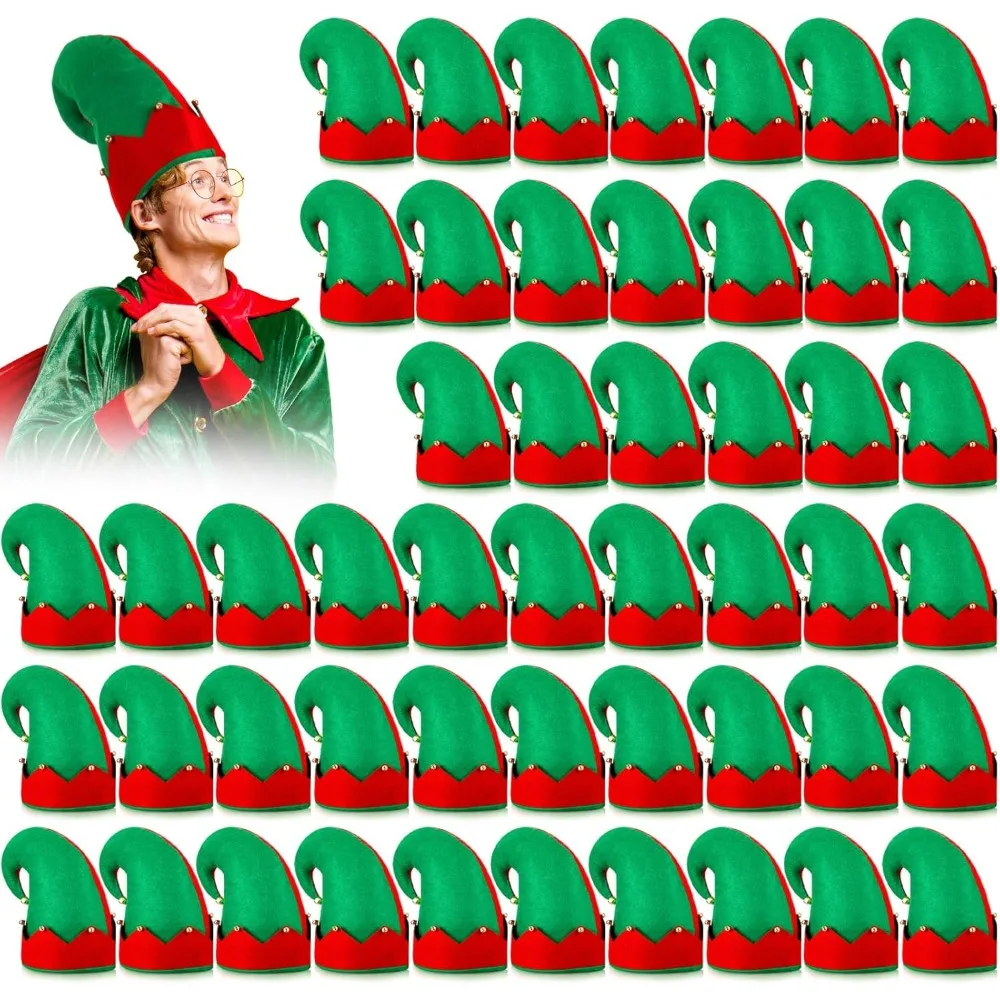 

50 Pcs Christmas Elf Hat Bulk Felt Elf Hat with Bells Red and Green Elf Costume Unisex Christmas Hats