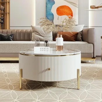 Image Modern Round Coffee Table with 2 Large Drawers Storage Accent Table(31.5'')33.46"D x 33.46"W x 13.98"H