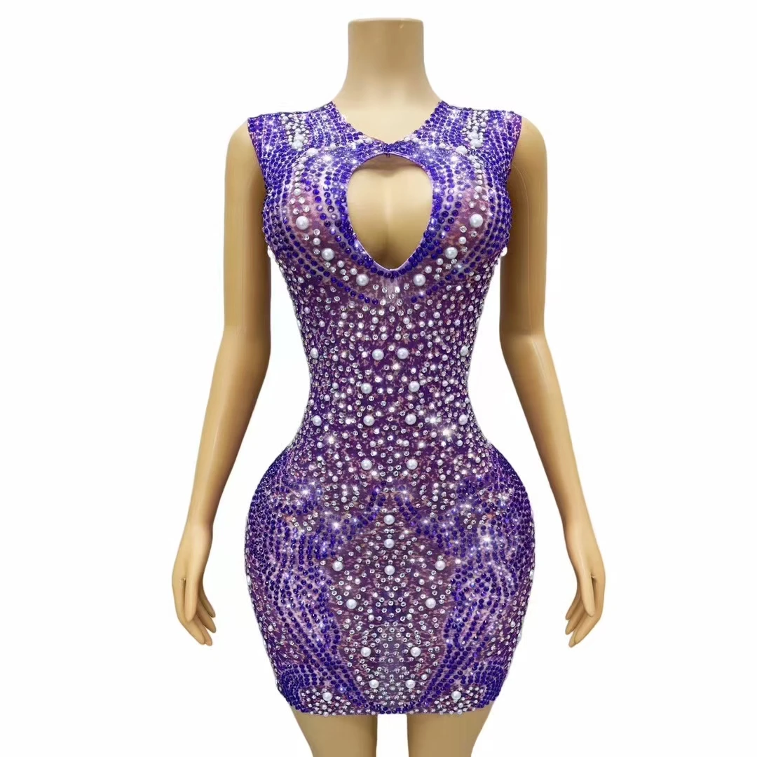 

Luxurious Purple Pearl Crystal Sleeveless Short Dress Sexy Mesh Elastic Stage Celebrate Evening Prom Birthday Dress Photo Shoot