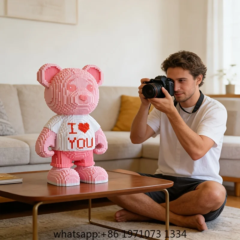 Oso Rosa con Corazón, Rompecabezas 3D, Micro Bloques de Construcción, Adorno Decorativo para Habitación, Hogar, Fiesta, Estatua, Manualidades, Animal, Oso