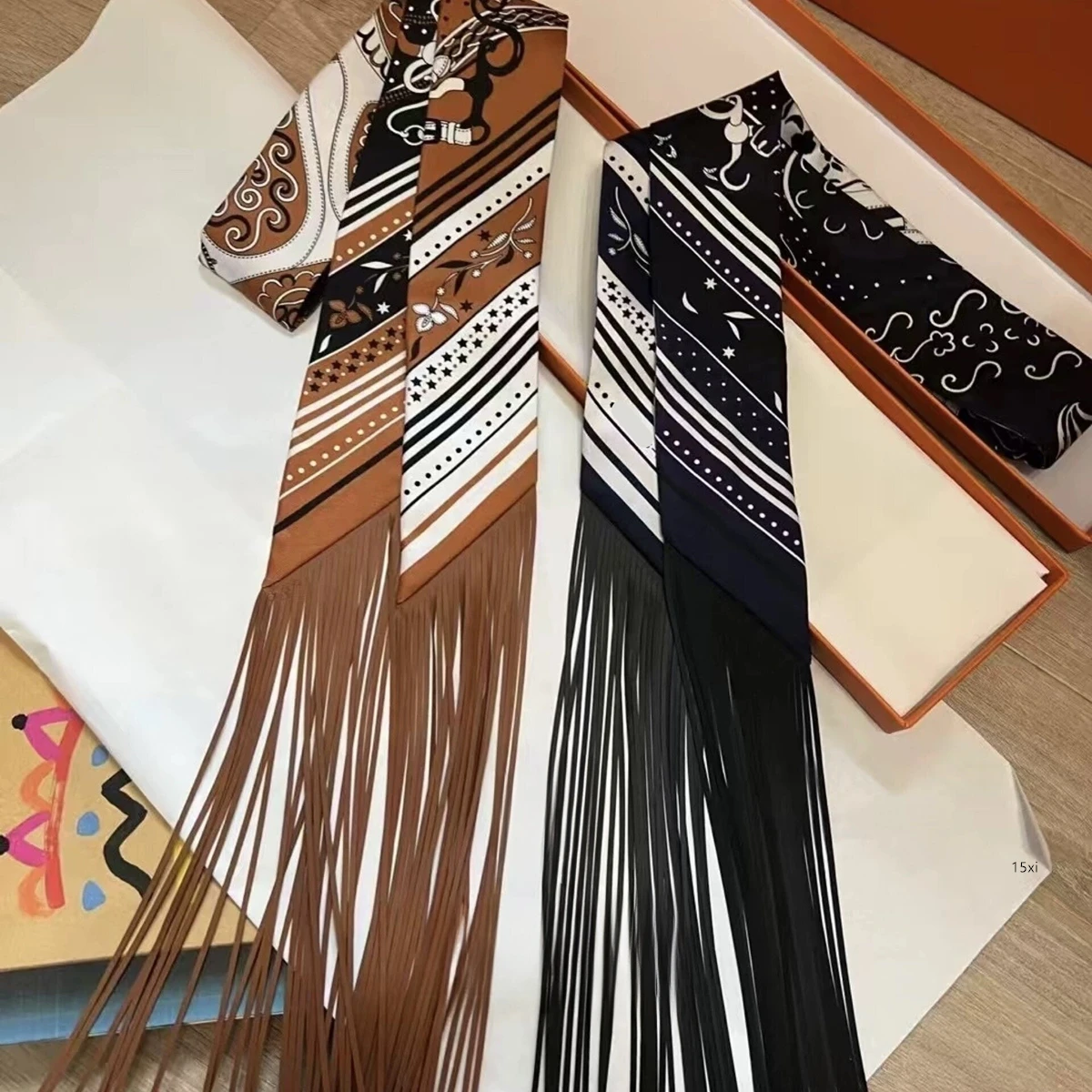 

130x5cm tassel Europe Spring New Cashew Nut Women's Decorative Small Silk Scarf Hair Band Binding Bag Handle Ribbon Small Scarf