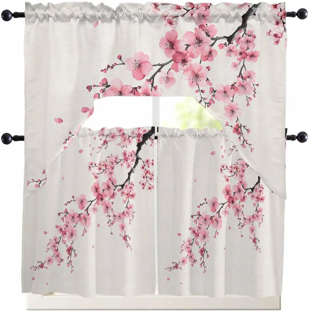 Pink Cherry Blossom Window Valance Japanese Sakura Branch Print Floral Decor for Kitchen Cafe