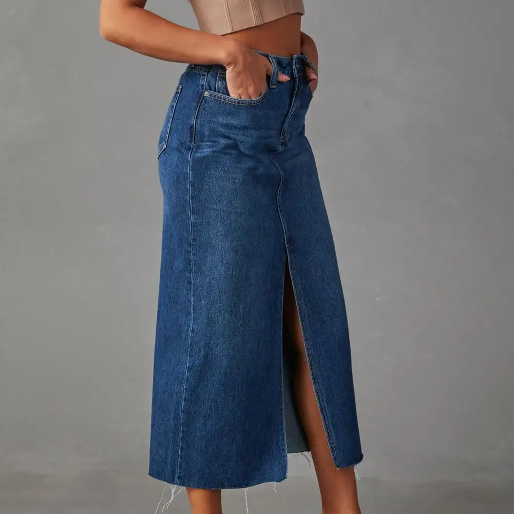 Saia jeans linha A feminina, cintura alta, bolsos de fenda frontal, saia midi linha A, streetwear da moda, moda verão