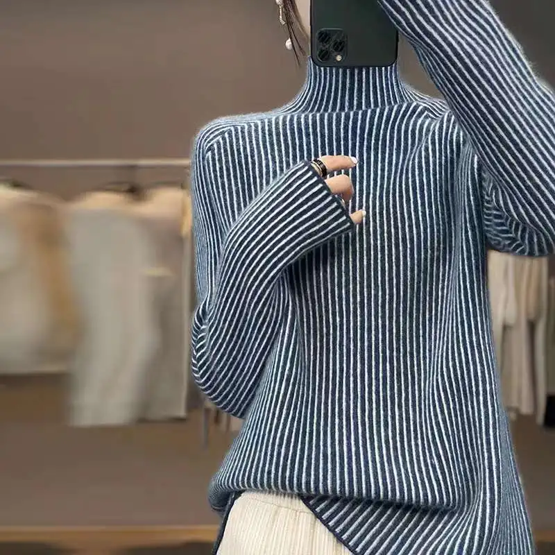 Autumn and Winter New Women\'s Pullover Wool Half High Neck Panel Vertical Stripe Long Sleeve Elegant Fashion Sweater Casual Top