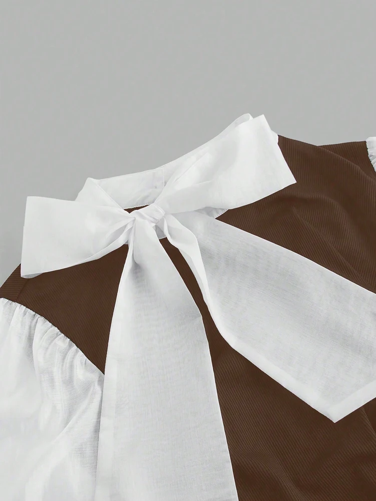 Plus Size Damen Elegant Kontrast Fliege Langarm A-Linie Büroarbeit Hemd Business Rosa Schwarz Braun Am besten für den Frühling – Detail 12