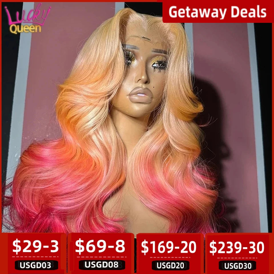 

Ombre Blonde Pink Body Wave Human Hair 613 Colored Wigs Pre Plucked HD Transparent Lace Front Wig for Women 13X6 Frontal Wig