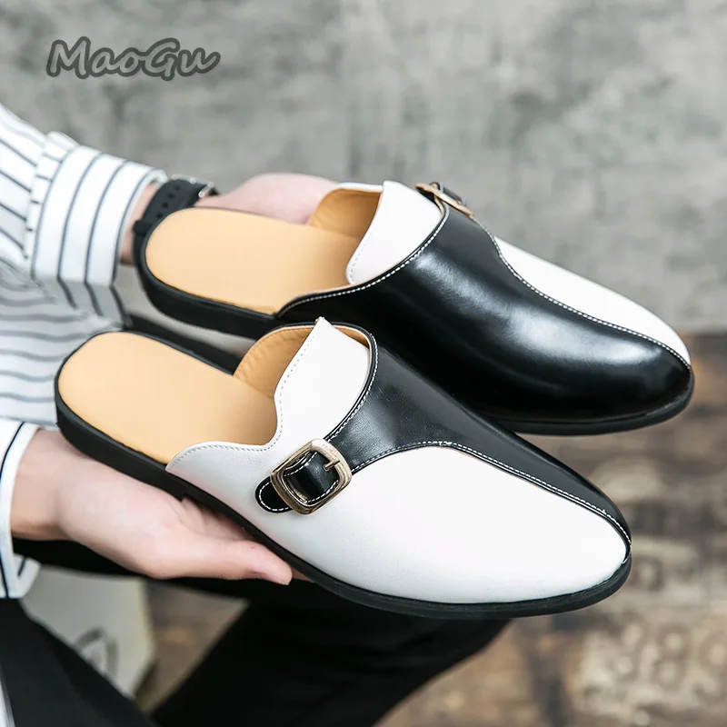 Design Size38-47 Slippers for Man Leather Mules Slip on Backless Loafers Men's Casual Flat Slipper Comfortable Zapatos De Hombre