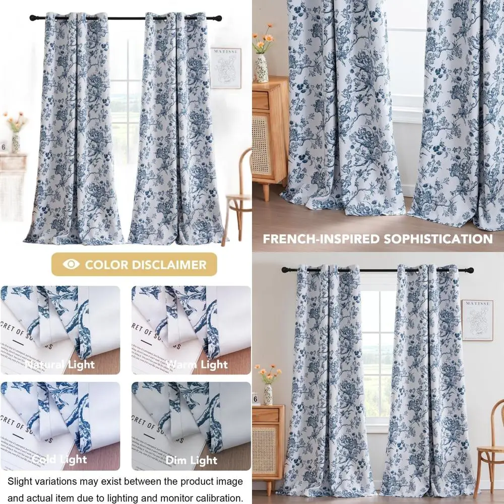 

96 штор в стиле фермерского дома с цветочным принтом, комплект из 2 панелей, цвет каменно-синий, в стиле бохо, затемняющие винтажные занавески