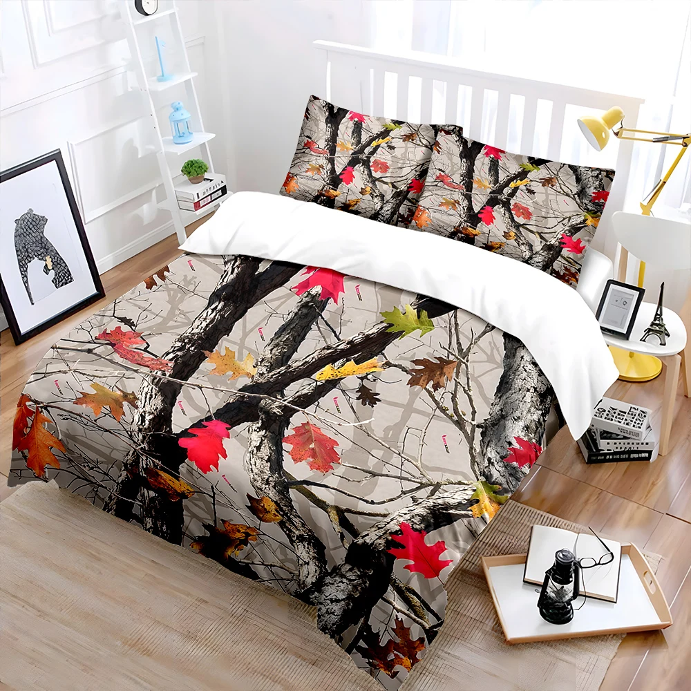 Autumn bare branches and colorful camouflage Bedding Set for Kids Luxury Gift 3pcs Digital Print Comforter Set Soft Comfortable