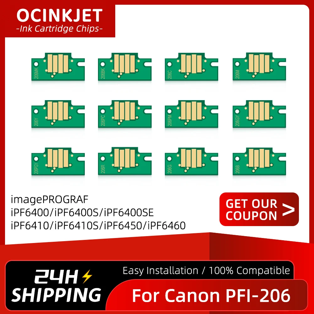 Chip de cartucho de tinta para impresora Canon PFI-206 PFI206, 12 colores, iPF6400, iPF6400S, iPF6410, iPF6410S, iPF6450, iPF6460