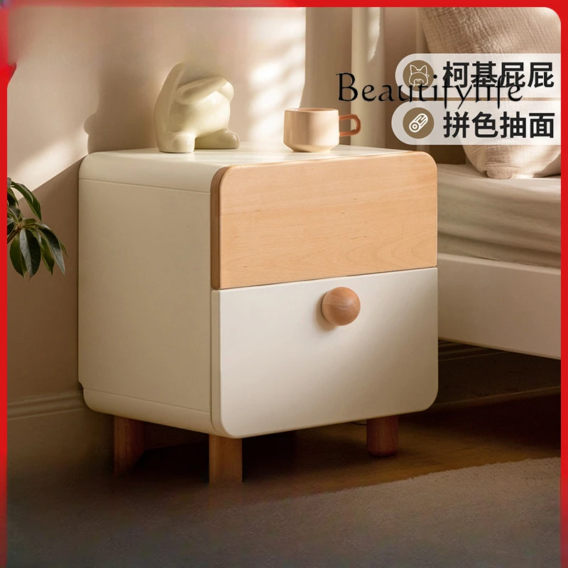 Solid Wood Bedside Cabinet Bedroom Cream Style Color Matching Bedside Cabinet Simple Home Drawer Locker