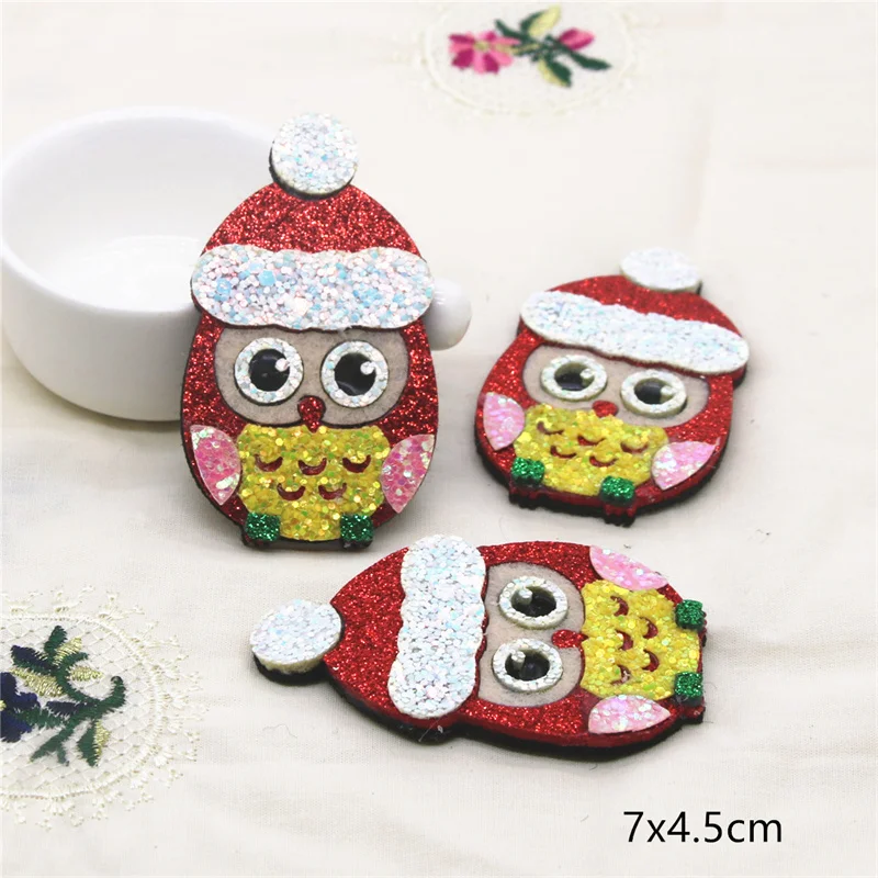 5-10pcs Non-woven PU Shiny Cloth Sequins patches Christmas Owl/Snowman/Reindeer/Tree Appliques For Clothes Supplies Diy Craft